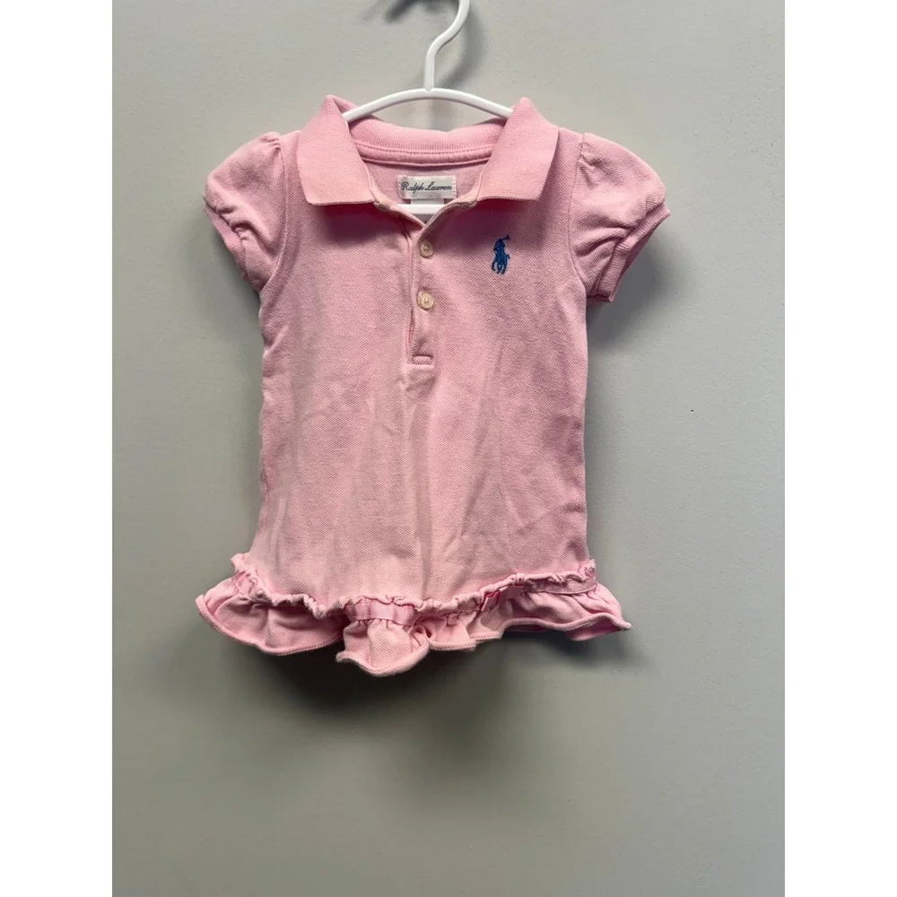 Ralph Lauren Baby Girls Pink Ruffle Polo Romper One Piece 6M Short Sleeve Pique